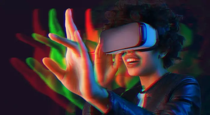 A woman using a virtual reality headset